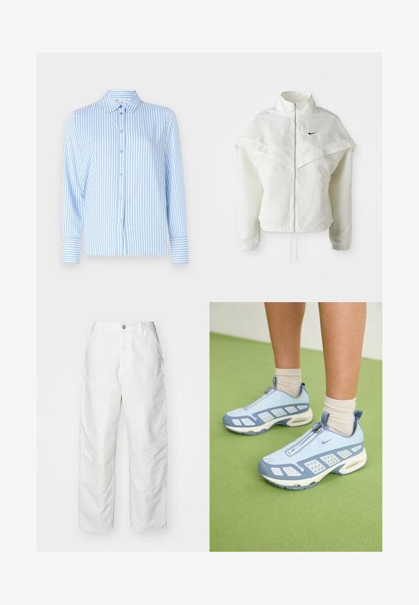 Biela bunda s dlhým rukávom na zips a vysokým golierom, s plášťovým detailom cez plecia, elastickými manžetami a malým čiernym logom Nike na hrudi.; Svetlo modrá pruhovaná košeľa s dlhými rukávmi a golierom, so zapínaním na gombíky vpredu a kontrastnými pruhovanými manžetami. Hladká textúra látky.; Biele cargo nohavice vyrobené z denimu, s voľným strihom, bočnými vreckami a viditeľnými švami. Jednoduchý predný diel so zapínaním na gombík.; Svetlo modré športové topánky s bielymi akcentmi, textúrovanými panelmi a zipsovým uzáverom. Obsahujú viditeľnú vzduchovú tlmiacu podrážku a gumovú podrážku.