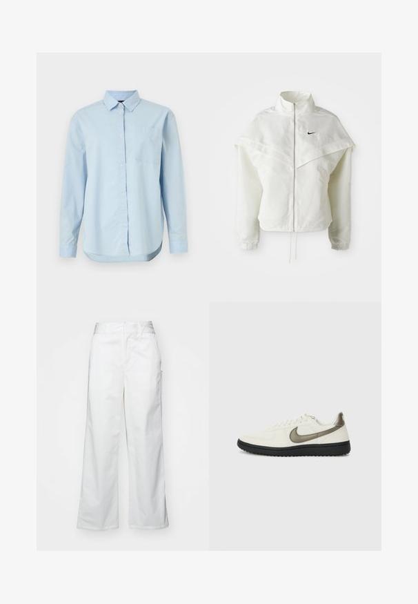 Balta ilga rankovė zip-up striukė su aukštu apykakle, švarkelio tipo detalėmis ant pečių, elastingomis rankovėmis ir mažuoju juodu Nike logotipu ant krūtinės.; Šviesiai mėlynas marškinėlių tipo švarkas, pagamintas iš medvilnės, su klasikiniais apykaklėmis, ilgomis rankovėmis, viena krūtinės kišene ir išlenktu apačios kraštu.; Balti plačios kojos kelnės, pagamintos iš medvilnės, turinčios lygią tekstūrą, tiesų siluetą, priekinės kišenės ir švarų apvado kraštą.; Nike Sportswear FIELD GENERAL - Sportbačiai - off-white/black
