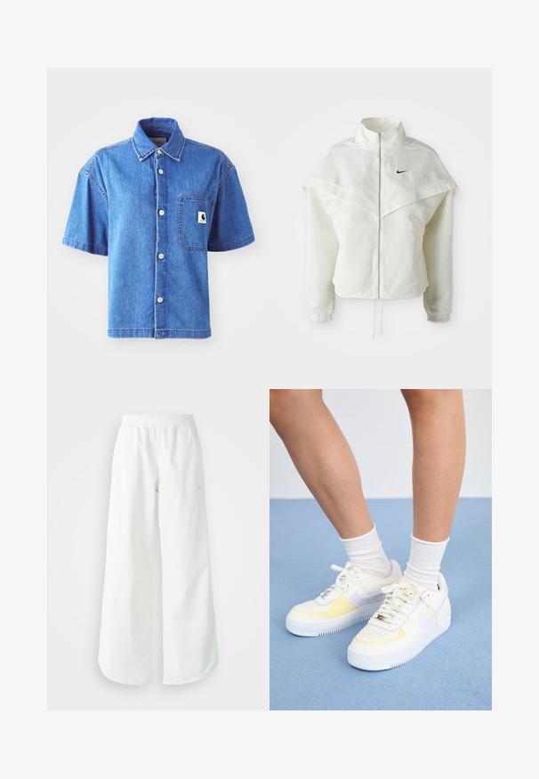 White long-sleeve zip-up jacket with high collar, cape-like detail across shoulders, elastic cuffs, and small black Nike logo on chest.; Short-sleeve denim shirt in light blue, featuring a button-up design, chest pocket, and prominent logo patch. Smooth texture and casual fit.; White wide-leg athletic pants with a ribbed waistband and subtle logo detail. Smooth fabric with a relaxed fit and tapered hem.; White leather sneakers with yellow and lavender accents, round toe, flat laces, and textured rubber sole. Worn with white socks.