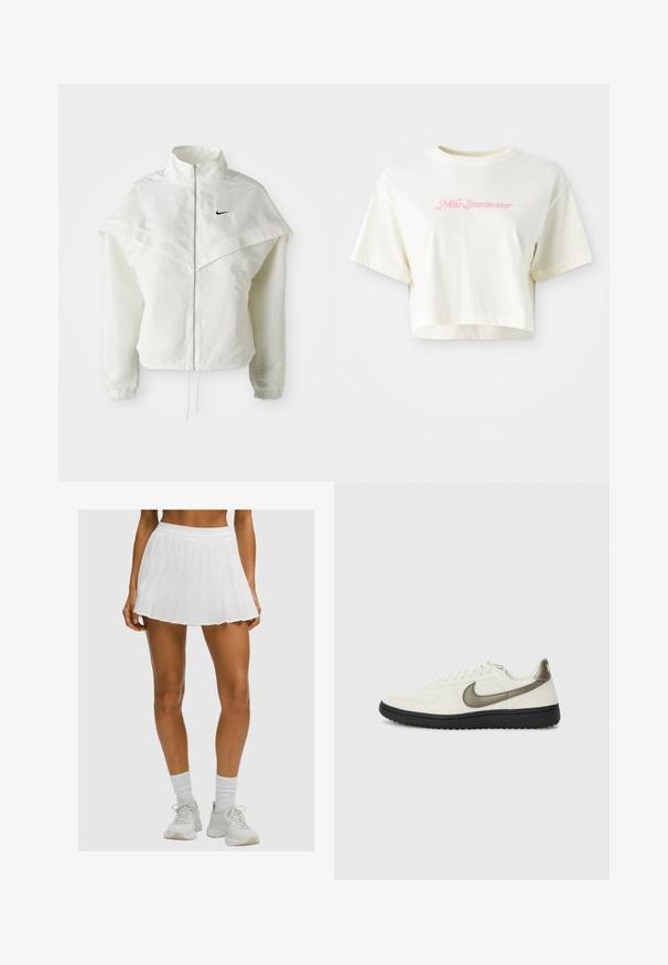 Bílá dlouhá zipová bunda s vysokým límcem, pláštěnkovým detailem přes ramena, elastickými manžetami a malým černým logem Nike na hrudi.; Zkrácené tričko v krémové barvě vyrobené z bavlny. Má růžovou vyšívanou nášivku s nápisem "Nike Sportwear." Krátké rukávy a kulatý výstřih.; Opálené nohy v bílém skládacím tenisovém sukni, bílých kotníkových ponožkách a bílých sportovních teniskách na jednobarevném pozadí.; Nike Sportswear FIELD GENERAL - Tenisky - off-white/black
