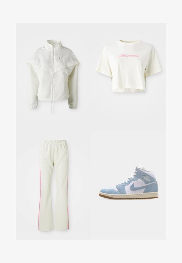 White long-sleeve zip-up jacket with high collar, cape-like detail across shoulders, elastic cuffs, and small black Nike logo on chest.; Cropped, cream-colored t-shirt made of cotton. Features a pink embroidered logo that reads "Nike Sportwear." Short sleeves and a round neckline.; Light beige pants with an elastic waistband, featuring pink side panels and side pockets. Smooth texture with a straight-leg design.; Jordan AIR JORDAN 1 MID SE - High-top trainers - white/worn blue/sail/light brown