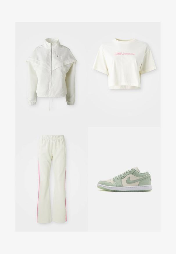 White long-sleeve zip-up jacket with high collar, cape-like detail across shoulders, elastic cuffs, and small black Nike logo on chest.; Cropped, cream-colored t-shirt made of cotton. Features a pink embroidered logo that reads "Nike Sportwear." Short sleeves and a round neckline.; Light beige pants with an elastic waistband, featuring pink side panels and side pockets. Smooth texture with a straight-leg design.; Nike Air Jordan 1 Low; features light green and cream leather, suede accents, perforated toe, white midsole, and translucent green outsole.