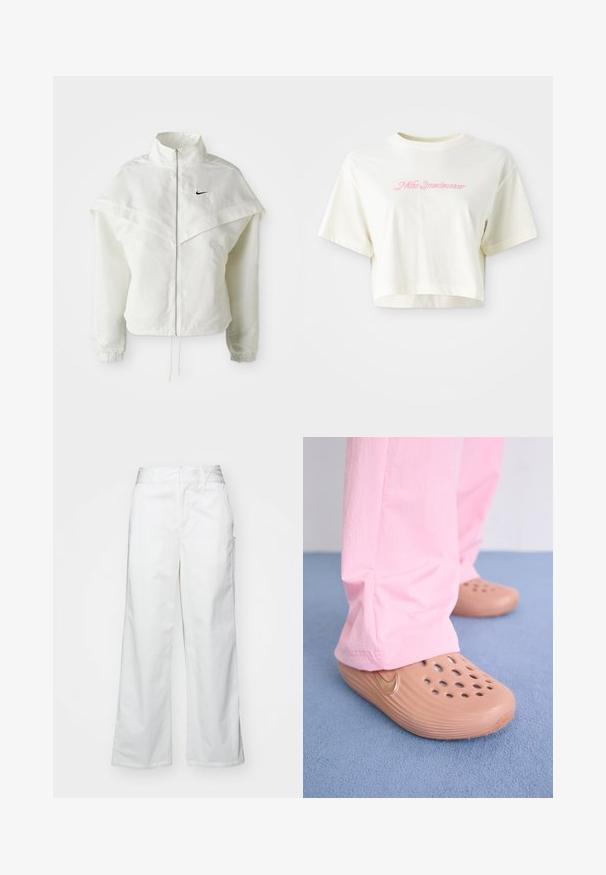 Bílá dlouhá zipová bunda s vysokým límcem, pláštěnkovým detailem přes ramena, elastickými manžetami a malým černým logem Nike na hrudi.; Zkrácené tričko v krémové barvě vyrobené z bavlny. Má růžovou vyšívanou nášivku s nápisem "Nike Sportwear." Krátké rukávy a kulatý výstřih.; Bílé kalhoty s širokými nohavicemi vyrobené z bavlny, s hladkou texturou, rovný střih, přední kapsy a čistý lem.; Nike dřeváky v hnědé plastu s perforacemi, texturovanými stranami a zlatým swoosh. Nosené s růžovými kalhotami na modré podlaze.