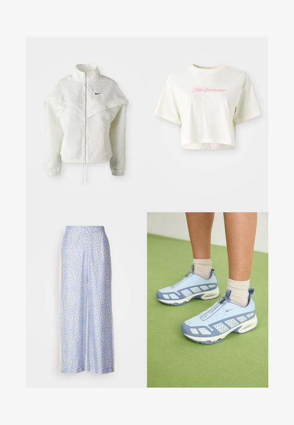 White long-sleeve zip-up jacket with high collar, cape-like detail across shoulders, elastic cuffs, and small black Nike logo on chest.; Cropped, cream-colored t-shirt made of cotton. Features a pink embroidered logo that reads "Nike Sportwear." Short sleeves and a round neckline.; Light blue wide-leg pants featuring a textured floral pattern in white. Made from soft fabric with a smooth finish and a high waist design.; Light blue athletic shoes with white accents, textured panels, and a zip closure. Features a visible air cushioning sole and rubber outsole.