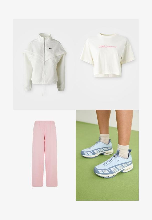 Bílá dlouhá zipová bunda s vysokým límcem, pláštěnkovým detailem přes ramena, elastickými manžetami a malým černým logem Nike na hrudi.; Zkrácené tričko v krémové barvě vyrobené z bavlny. Má růžovou vyšívanou nášivku s nápisem "Nike Sportwear." Krátké rukávy a kulatý výstřih.; Světle růžové tepláky vyrobené z měkké látky, s elastickým pasem, rovnými nohavicemi a nastavovacími šňůrkami na spodním lemu.; Světlé modré sportovní boty s bílými akcenty, texturovanými panely a zipovým uzávěrem. Obsahují viditelnou vzduchovou výplň v podrážce a gumovou podešev.