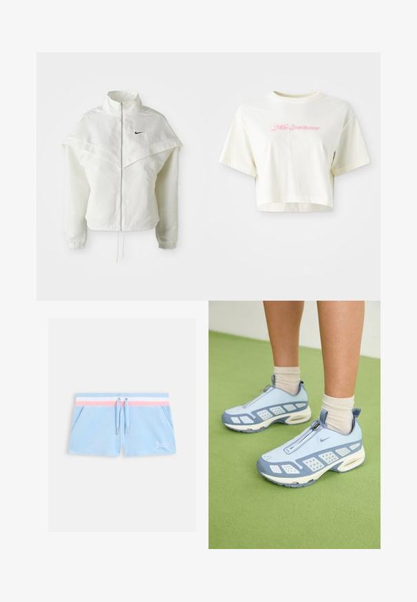 White long-sleeve zip-up jacket with high collar, cape-like detail across shoulders, elastic cuffs, and small black Nike logo on chest.; Cropped, cream-colored t-shirt made of cotton. Features a pink embroidered logo that reads "Nike Sportwear." Short sleeves and a round neckline.; Light blue velour shorts with a pink and white striped waistband, drawstring closure, and side pockets. Features "Juicy" embroidered in white.; Light blue athletic shoes with white accents, textured panels, and a zip closure. Features a visible air cushioning sole and rubber outsole.