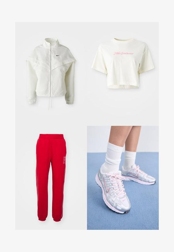 Balta garās piedurknes ar rāvējslēdzēju jaka ar augstu apkakli, apmetņa līdzīga detaļa uz pleciem, elastīgas aproces un mazs melns Nike logotips uz krūtīm.; Izgriezta, krēmkrāsas T-kreklu, kas izgatavots no kokvilnas. Piedāvā rozā izšūtu logotipu ar uzrakstu "Nike Sportwear". Īsas piedurknes un apaļa izgriezuma kakla vieta.; Sarkani sporta bikses ar elastīgu jostu, sašaurinātiem galiem, baltām malām un mazu logo uzšuvumu priekšā. Mīksta auduma tekstūra.; Nike skriešanas apavi ar sudraba pārklājumu, rozā akcentiem, baltām šņorēm un fakturētu zoli. Valkāti ar baltām kokvilnas sporta zeķēm.