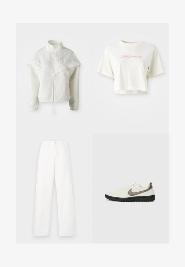 Bílá dlouhá zipová bunda s vysokým límcem, pláštěnkovým detailem přes ramena, elastickými manžetami a malým černým logem Nike na hrudi.; Zkrácené tričko v krémové barvě vyrobené z bavlny. Má růžovou vyšívanou nášivku s nápisem "Nike Sportwear." Krátké rukávy a kulatý výstřih.; Bílé džíny s vysokým pasem, rovnými nohavicemi, viditelným šitím, pěti kapsami a kovovým zapínáním.; Nike Sportswear FIELD GENERAL - Tenisky - off-white/black