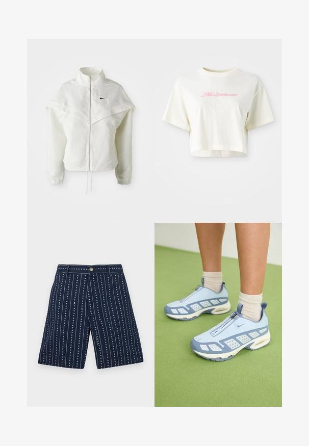 Bjela jakna dugih rukava s patentnim zatvaračem i visokim ovratnikom, s kapastim detaljima preko ramena, elastičnim manžetama i malim crnim Nike logom na prsima.; Skraćena, krem boje majica od pamuka. Ima ružičasti izvezeni logo s natpisom "Nike Sportwear." Kratki rukavi i okrugli izrez.; Morske kratke hlače s vertikalnim prugama i malim uzorcima srca, izrađene od tkanine meke teksture. Opremljene su prednjim dugmetom i patentnim zatvaračem.; Svijetloplave atletske cipele s bijelim naglascima, teksturiranim panelima i zatvaranjem na patentni zatvarač. Imaju vidljivu zračnu amortizaciju i gumeni potplat.