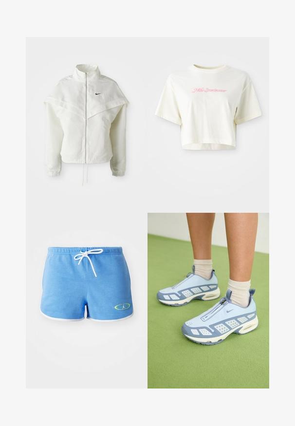 Giacca bianca a maniche lunghe con zip e colletto alto, dettaglio a mantella sulle spalle, polsini elasticizzati e piccolo logo Nike nero sul petto.; T-shirt tagliato di colore crema, realizzato in cotone. Presenta un logo ricamato rosa che dice "Nike Sportwear." Maniche corte e scollo rotondo.; Shorts di cotone azzurro chiaro con un cordino bianco, caratterizzati da un bordo bianco e un logo con accenti verdi sul lato sinistro in basso.; Scarpe da ginnastica azzurro chiaro con dettagli bianchi, pannelli testurizzati e chiusura con zip. Presentano una suola con imbottitura ad aria visibile e una suola in gomma.