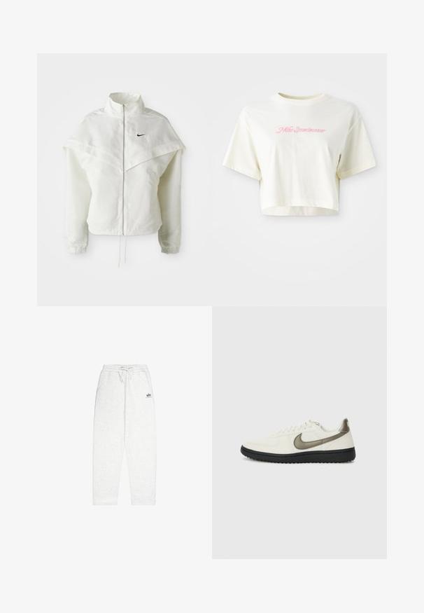 Balta garās piedurknes ar rāvējslēdzēju jaka ar augstu apkakli, apmetņa līdzīga detaļa uz pleciem, elastīgas aproces un mazs melns Nike logotips uz krūtīm.; Izgriezta, krēmkrāsas T-kreklu, kas izgatavots no kokvilnas. Piedāvā rozā izšūtu logotipu ar uzrakstu "Nike Sportwear". Īsas piedurknes un apaļa izgriezuma kakla vieta.; Gaiši pelēki treniņbikses no mīksta auduma, ar elastīgu jostu un auklu, sānu kabatām un mazu logotipu priekšā.; Nike Sportswear FIELD GENERAL - Treniņu apavi - off-white/black