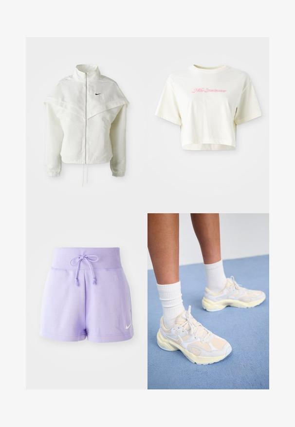 Hvit langermet jakke med glidelås og høy krage, kappe-lignende detaljer over skuldrene, elastiske mansjetter, og liten svart Nike-logo på brystet.; Beskåret kremfarget t-skjorte laget av bomull. Har en rosa brodert logo med teksten "Nike Sportswear." Korte ermer og rund hals.; Lavender fargerike dame shortser laget av myk bomull, med elastisk midje og snøring samt en liten hvit Nike-logo på sømmen.; Smarte, atletiske sko i lys gul og hvit, med mesh- og syntetiske materialer, en avrundet form og teksturerte såler.