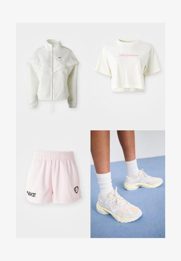 Hvit langermet jakke med glidelås og høy krage, kappe-lignende detaljer over skuldrene, elastiske mansjetter, og liten svart Nike-logo på brystet.; Beskåret kremfarget t-skjorte laget av bomull. Har en rosa brodert logo med teksten "Nike Sportswear." Korte ermer og rund hals.; Lys rosa Nike-shorts med elastisk linning, med en svart logo på venstre ben og en svart hjerteomriss på høyre.; Smarte, atletiske sko i lys gul og hvit, med mesh- og syntetiske materialer, en avrundet form og teksturerte såler.