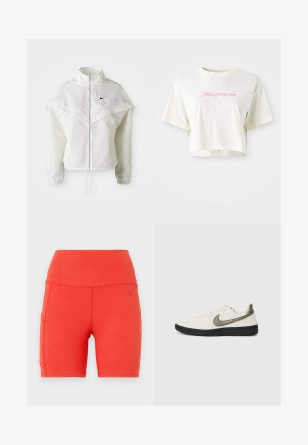 Bílá dlouhá zipová bunda s vysokým límcem, pláštěnkovým detailem přes ramena, elastickými manžetami a malým černým logem Nike na hrudi.; Zkrácené tričko v krémové barvě vyrobené z bavlny. Má růžovou vyšívanou nášivku s nápisem "Nike Sportwear." Krátké rukávy a kulatý výstřih.; Červené sportovní kraťasy s vysokým pasem, vyrobené z hladkého, elastického materiálu. Mají boční kapsu a malé embosované logo.; Nike Sportswear FIELD GENERAL - Tenisky - off-white/black