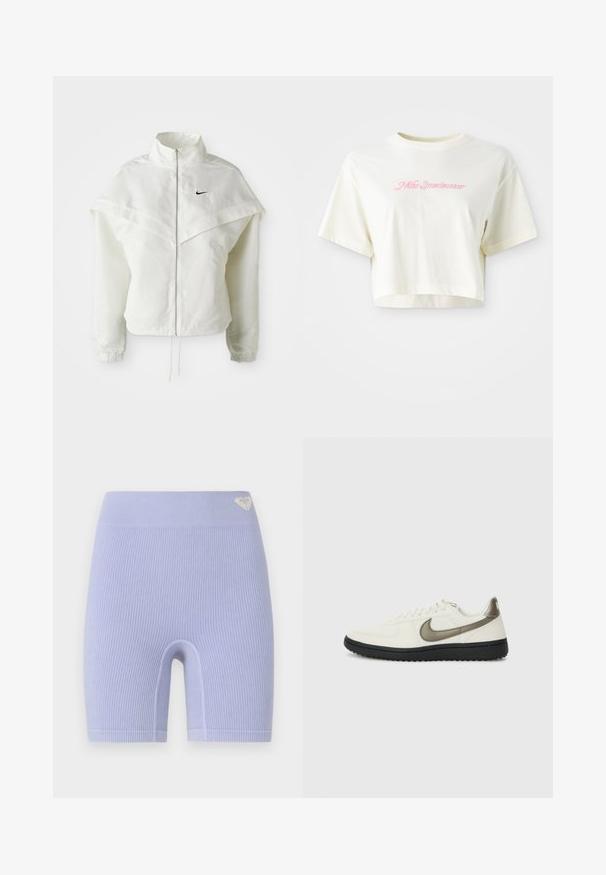 Balta garās piedurknes ar rāvējslēdzēju jaka ar augstu apkakli, apmetņa līdzīga detaļa uz pleciem, elastīgas aproces un mazs melns Nike logotips uz krūtīm.; Izgriezta, krēmkrāsas T-kreklu, kas izgatavots no kokvilnas. Piedāvā rozā izšūtu logotipu ar uzrakstu "Nike Sportwear". Īsas piedurknes un apaļa izgriezuma kakla vieta.; Ribētas lavandas krāsas velosipēdu šortos ar augstu jostasvietu. Özņēmumā ir neliels logotipa akcenti augšējā kreisajā pusē. Vienkāršs, ciešs piegriezums.; Nike Sportswear FIELD GENERAL - Treniņu apavi - off-white/black