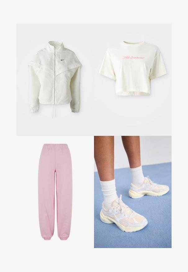Fehér, hosszú ujjú, zipzáras dzseki magas gallérral, a vállakon lebegő, köpenyszerű résszel, rugalmas mandzsettákkal és kis fekete Nike logóval a mellkason.; Rövid ujjú, krém színű, pamutból készült póló. A bal mellrészen rózsaszín hímezett logó található, amelyen a "Nike Sportwear" felirat olvasható. Kerek nyakú.; Urban Classics FLUFFY - Tréningruha alsók - softpink; Karcsú sportcipők halvány sárga és fehér színben, hálós és szintetikus anyagokból készültek, lekerekített formával és texturált talppal rendelkeznek.
