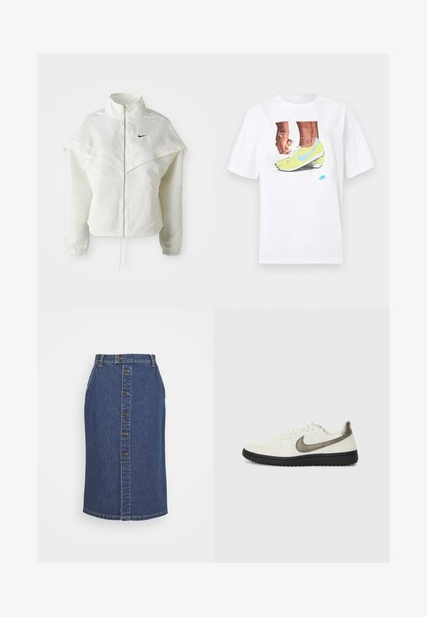 Hvit langermet jakke med glidelås og høy krage, kappe-lignende detaljer over skuldrene, elastiske mansjetter, og liten svart Nike-logo på brystet.; Hvit bomull t-skjorte med et grafisk motiv av føtter i gule Nike fotballsko med blå detaljer, kombinert med et armbånd på venstre håndledd.; Denim blyantskjørt i mørkeblå, med frontlukking med knapper, vertikale sømmer og en klassisk kutt.; Nike Sportswear FIELD GENERAL - Joggesko - off-white/black