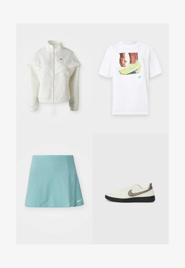 Chaqueta blanca de manga larga con cremallera y cuello alto, detalle tipo capa en los hombros, puños elásticos y pequeño logo negro de Nike en el pecho.; Camiseta blanca de algodón con un gráfico de pies en botas Nike amarillas con acentos azules, acompañada de una pulsera en la muñeca izquierda.; Falda atlética de color azul claro, fabricada con un tejido suave y elástico. Presenta una abertura lateral y un pequeño logo blanco de Nike en la parte inferior frontal.; Nike Sportswear FIELD GENERAL - Zapatillas - off-white/black