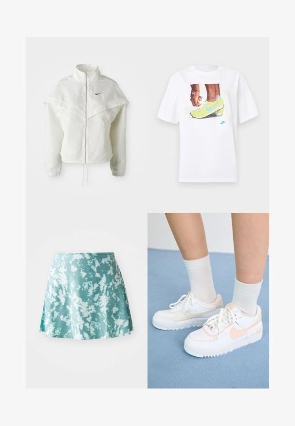 Valkoinen pitkähihainen vetoketjullinen takki korkealla kauluksella, viittamainen yksityiskohta olkapäillä, joustavat hihansuut ja pieni musta Nike-logo rinnassa.; Valkoinen puuvillainen t-paita, jossa on grafiikka keltaisista Nike-nilkkureista sinisillä yksityiskohdilla, yhdessä vasemman ranteen korun kanssa.; Vihreä mintunvärinen skater-hame, jossa on valkoinen roiske-kuvio, valmistettu kevyestä kankaasta. Hameessa on hieman levenevä muoto ja sivuaukko.; Valkoiset tennarit persikanvärisillä yksityiskohdilla, sileä nahkapinnoitus, reikärintama, teksturoitu pohja ja kengännauhat. Käytetään valkoisten puserosukkien kanssa sinisellä pinnalla.