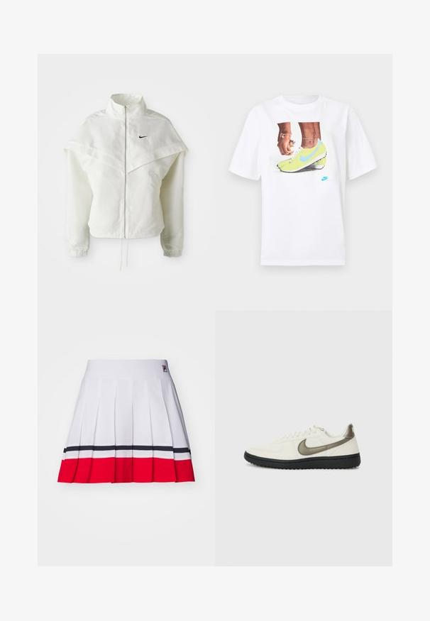 Jaqueta branca de mangas longas com fecho éclair e gola alta, detalhe tipo capa nos ombros, punhos elásticos e pequeno logótipo preto da Nike no peito.; T-shirt branco de algodão com uma gráfica de pés em chuteiras Nike amarelas com detalhes azuis, combinado com uma pulseira no pulso esquerdo.; Saia pregueada em tecido branco com riscas horizontais em vermelho e azul marinho na bainha, com um cós liso e uma etiqueta com o logo.; Nike Sportswear FIELD GENERAL - Sapatilhas - off-white/black