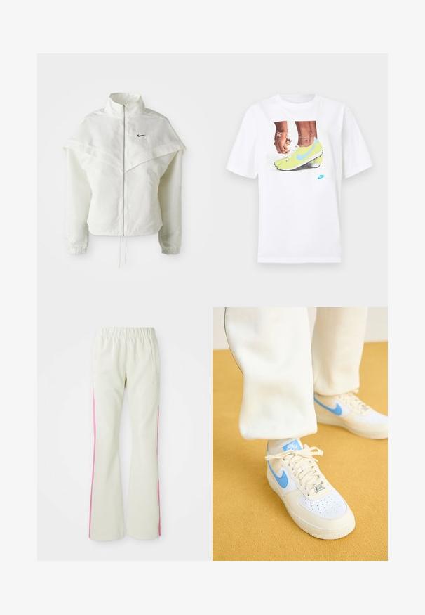 Hvit langermet jakke med glidelås og høy krage, kappe-lignende detaljer over skuldrene, elastiske mansjetter, og liten svart Nike-logo på brystet.; Hvit bomull t-skjorte med et grafisk motiv av føtter i gule Nike fotballsko med blå detaljer, kombinert med et armbånd på venstre håndledd.; Lys beige bukser med elastisk linning, med rosa sidepaneler og sidelommer. Glatt tekstur med rett ben-design.; Hvite sneakers med lyseblå detaljer, med perforert tå, strukturer såle og snøring. Bærer kremfargede bukser på en gul bakgrunn.