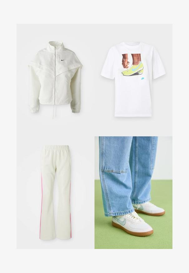 Hvit langermet jakke med glidelås og høy krage, kappe-lignende detaljer over skuldrene, elastiske mansjetter, og liten svart Nike-logo på brystet.; Hvit bomull t-skjorte med et grafisk motiv av føtter i gule Nike fotballsko med blå detaljer, kombinert med et armbånd på venstre håndledd.; Lys beige bukser med elastisk linning, med rosa sidepaneler og sidelommer. Glatt tekstur med rett ben-design.; Hvite sneakers med lyseblå detaljer, teksturert mesh-overdel og tan gummisåle, sammen med løse lyseblå denimjeans.