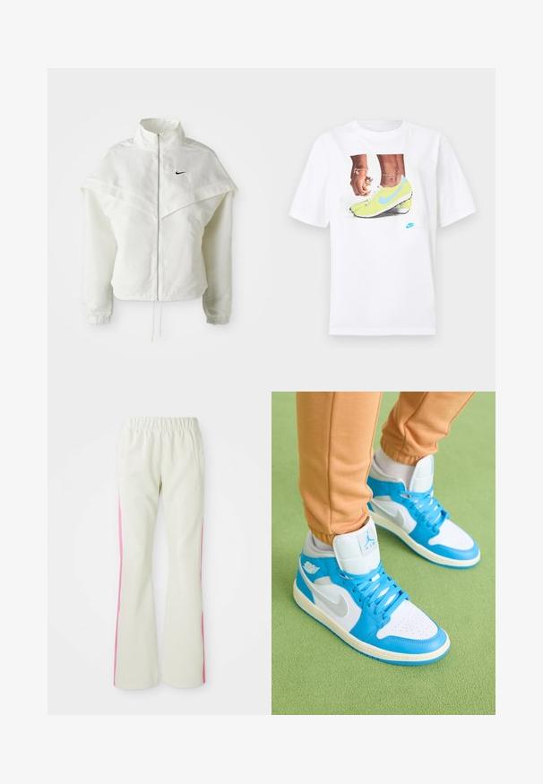 White long-sleeve zip-up jacket with high collar, cape-like detail across shoulders, elastic cuffs, and small black Nike logo on chest.; White cotton t-shirt featuring a graphic of feet in yellow Nike cleats with blue accents, paired with a bracelet on the left wrist.; Light beige pants with an elastic waistband, featuring pink side panels and side pockets. Smooth texture with a straight-leg design.; Blue and white high-top sneakers with smooth leather and mesh materials. Features perforated toe box, bright blue accents, and logo detail.