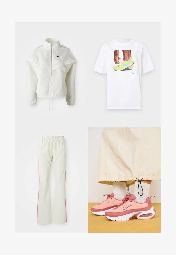 Jaqueta branca de mangas longas com fecho éclair e gola alta, detalhe tipo capa nos ombros, punhos elásticos e pequeno logótipo preto da Nike no peito.; T-shirt branco de algodão com uma gráfica de pés em chuteiras Nike amarelas com detalhes azuis, combinado com uma pulseira no pulso esquerdo.; Calças bege claras com uma cintura elástica, apresentando painéis laterais cor-de-rosa e bolsos laterais. Textura suave com um design de perna reta.; Sapatilhas Nike em tons de rosa e pêssego com um design texturizado, solas brancas e amortecimento de ar visível. Usadas com meias brancas até ao tornozelo.