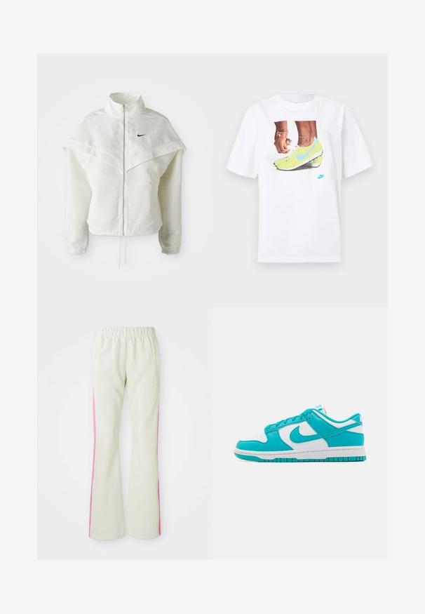 Valge pikkade varrukatega tõmblukuga jakk kõrge kraega, kätetooted, mis meenutavad katet õlgadel, elastsete mansettidega ja väikese musta Nike logoga rinnal.; Valge puuvillane T-särk, millel on kollaste Nike jalatsite ja siniste aktsentidega jalgade graafika, kombineeritud vasakul randmel oleva käevõruga.; Heledad beežid püksid elastse vöökoha ja roosade külgmiste paneelidega, mis sisaldavad küljetaskuid. Sile tekstuur ja sirge lõige.; Türkiissinised ja valged Nike Dunk tossud, nahk ja tekstiil ülemine osa, perforeritud varvas, paeltega disain, kontrasteeruv kummist tald ja bränding kontsapooles.