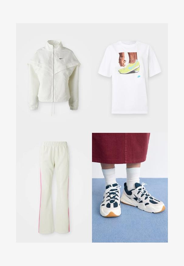 Jaqueta branca de mangas longas com fecho éclair e gola alta, detalhe tipo capa nos ombros, punhos elásticos e pequeno logótipo preto da Nike no peito.; T-shirt branco de algodão com uma gráfica de pés em chuteiras Nike amarelas com detalhes azuis, combinado com uma pulseira no pulso esquerdo.; Calças bege claras com uma cintura elástica, apresentando painéis laterais cor-de-rosa e bolsos laterais. Textura suave com um design de perna reta.; Nike Sportswear TECH HERA - Sapatilhas - phantom/football grey/armory navy/sail/yellow