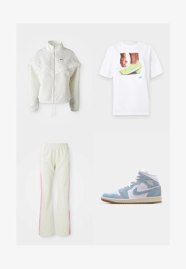 White long-sleeve zip-up jacket with high collar, cape-like detail across shoulders, elastic cuffs, and small black Nike logo on chest.; White cotton t-shirt featuring a graphic of feet in yellow Nike cleats with blue accents, paired with a bracelet on the left wrist.; Light beige pants with an elastic waistband, featuring pink side panels and side pockets. Smooth texture with a straight-leg design.; Jordan AIR JORDAN 1 MID SE - High-top trainers - white/worn blue/sail/light brown