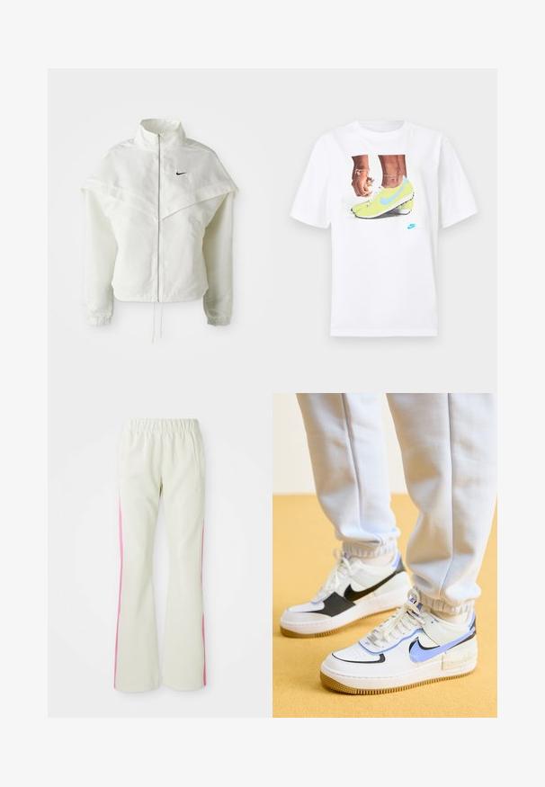 Witte lange mouwen zip-up jas met hoge kraag, cape-achtige details over de schouders, elastische manchetten en een klein zwart Nike-logo op de borst.; Witte katoenen t-shirt met een afbeelding van voeten in gele Nike voetbalschoenen met blauwe accenten, gecombineerd met een armband om de linkerpols.; Lichtbeige broek met een elastische tailleband, voorzien van roze zijpanelen en zijzakken. Gladde textuur met een recht gesneden pasvorm.; Nike Sportswear AIR FORCE 1 SHADOW - Sneakers laag - white/royal pulse/black/photon dust/summit white/persian violet