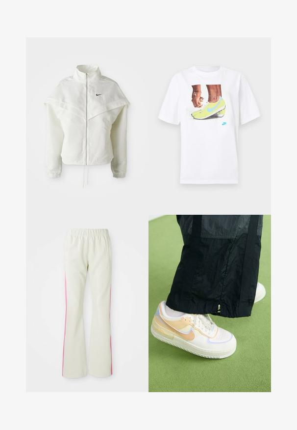 White long-sleeve zip-up jacket with high collar, cape-like detail across shoulders, elastic cuffs, and small black Nike logo on chest.; White cotton t-shirt featuring a graphic of feet in yellow Nike cleats with blue accents, paired with a bracelet on the left wrist.; Light beige pants with an elastic waistband, featuring pink side panels and side pockets. Smooth texture with a straight-leg design.; White sneakers with pastel orange and blue accents, textured surface, lace-up design, and a thick white sole. Black, lightweight pants are worn.