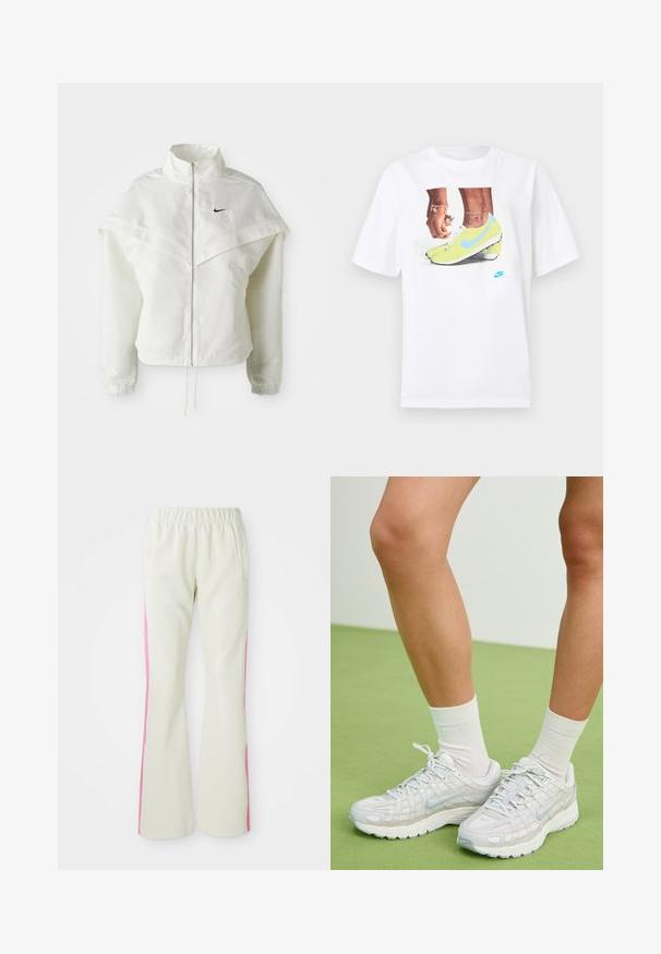 White long-sleeve zip-up jacket with high collar, cape-like detail across shoulders, elastic cuffs, and small black Nike logo on chest.; White cotton t-shirt featuring a graphic of feet in yellow Nike cleats with blue accents, paired with a bracelet on the left wrist.; Light beige pants with an elastic waistband, featuring pink side panels and side pockets. Smooth texture with a straight-leg design.; White Nike sneakers feature a textured mesh upper, reflective accents, and a cushioned sole. Paired with white socks, set against green flooring.