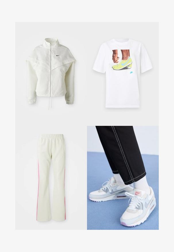 White long-sleeve zip-up jacket with high collar, cape-like detail across shoulders, elastic cuffs, and small black Nike logo on chest.; White cotton t-shirt featuring a graphic of feet in yellow Nike cleats with blue accents, paired with a bracelet on the left wrist.; Light beige pants with an elastic waistband, featuring pink side panels and side pockets. Smooth texture with a straight-leg design.; Nike Sportswear AIR MAX 90 - Trainers - summit white/wolf grey/beyond pink/pure platinum/red stardust/light bone