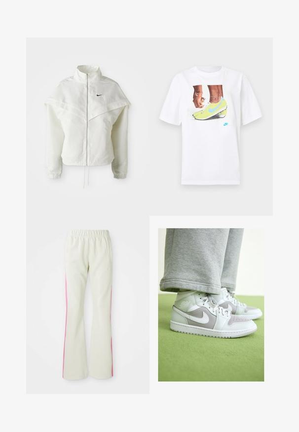White long-sleeve zip-up jacket with high collar, cape-like detail across shoulders, elastic cuffs, and small black Nike logo on chest.; White cotton t-shirt featuring a graphic of feet in yellow Nike cleats with blue accents, paired with a bracelet on the left wrist.; Light beige pants with an elastic waistband, featuring pink side panels and side pockets. Smooth texture with a straight-leg design.; High-top sneakers in light gray and white leather with perforated toe, Nike swoosh, and embossed logo on the ankle. Rubber sole.