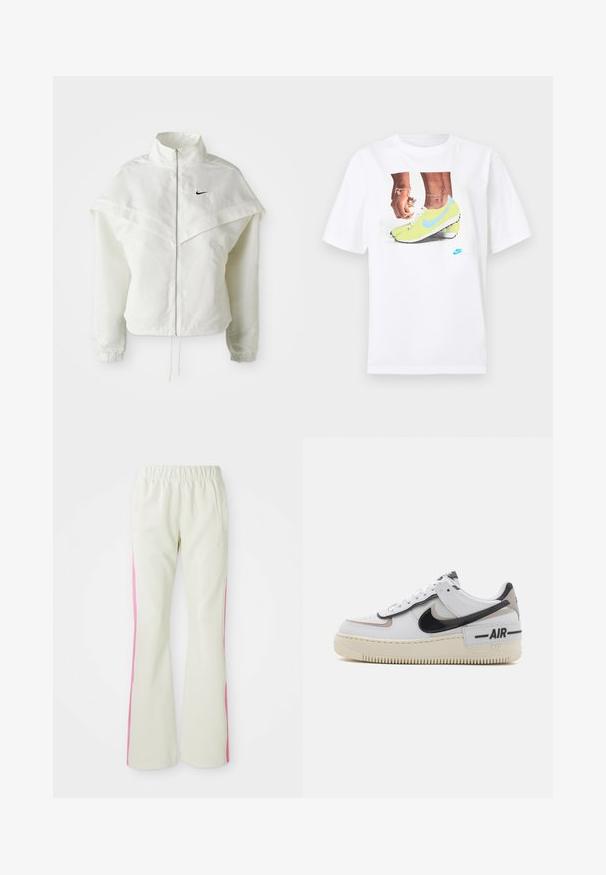 Jaqueta branca de mangas longas com fecho éclair e gola alta, detalhe tipo capa nos ombros, punhos elásticos e pequeno logótipo preto da Nike no peito.; T-shirt branco de algodão com uma gráfica de pés em chuteiras Nike amarelas com detalhes azuis, combinado com uma pulseira no pulso esquerdo.; Calças bege claras com uma cintura elástica, apresentando painéis laterais cor-de-rosa e bolsos laterais. Textura suave com um design de perna reta.; Sapatilha branca com detalhes em preto e bege, apresentando um cabedal em couro liso, biqueira arredondada, fecho com atacadores e sola de borracha texturizada.