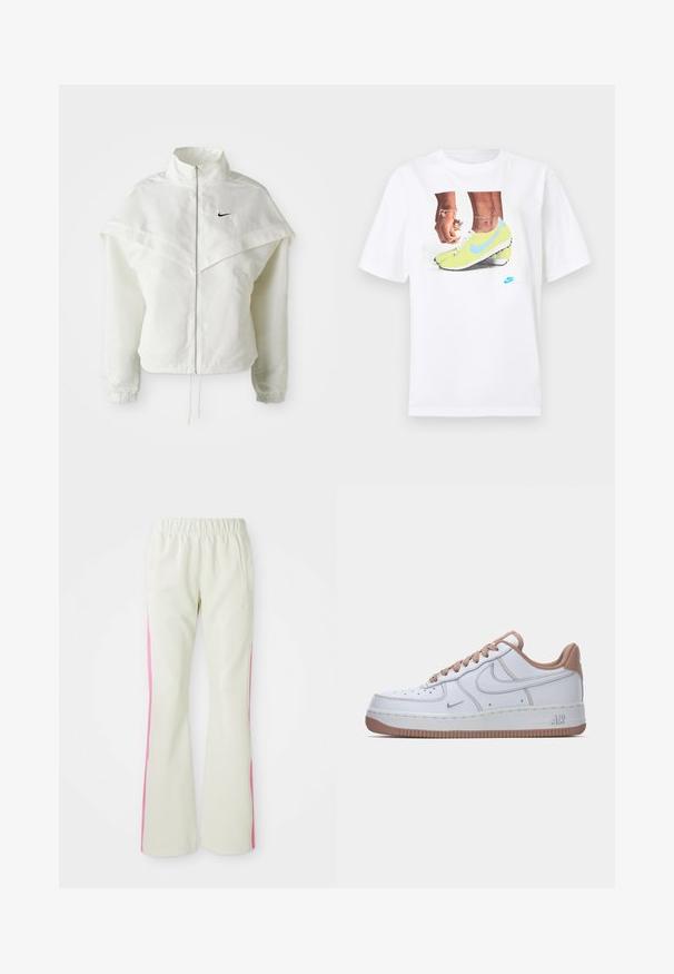 Jaqueta branca de mangas longas com fecho éclair e gola alta, detalhe tipo capa nos ombros, punhos elásticos e pequeno logótipo preto da Nike no peito.; T-shirt branco de algodão com uma gráfica de pés em chuteiras Nike amarelas com detalhes azuis, combinado com uma pulseira no pulso esquerdo.; Calças bege claras com uma cintura elástica, apresentando painéis laterais cor-de-rosa e bolsos laterais. Textura suave com um design de perna reta.; Sapatilha de couro branca com uma textura suave, detalhes em bege, design de cano baixo e sola de borracha com sulcos para tração.