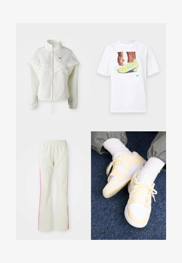 Jaqueta branca de mangas longas com fecho éclair e gola alta, detalhe tipo capa nos ombros, punhos elásticos e pequeno logótipo preto da Nike no peito.; T-shirt branco de algodão com uma gráfica de pés em chuteiras Nike amarelas com detalhes azuis, combinado com uma pulseira no pulso esquerdo.; Calças bege claras com uma cintura elástica, apresentando painéis laterais cor-de-rosa e bolsos laterais. Textura suave com um design de perna reta.; Nike Sportswear DUNK NEXT NATURE - Sapatilhas - white/alabaster