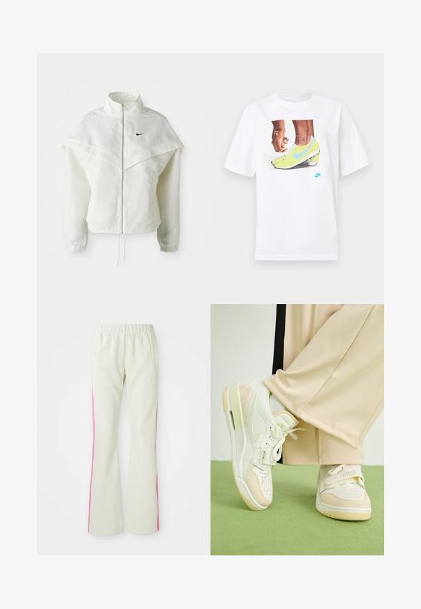 White long-sleeve zip-up jacket with high collar, cape-like detail across shoulders, elastic cuffs, and small black Nike logo on chest.; White cotton t-shirt featuring a graphic of feet in yellow Nike cleats with blue accents, paired with a bracelet on the left wrist.; Light beige pants with an elastic waistband, featuring pink side panels and side pockets. Smooth texture with a straight-leg design.; White sneakers with suede accents, perforated design, and adjustable strap. Worn with beige wide-leg pants against a green surface.