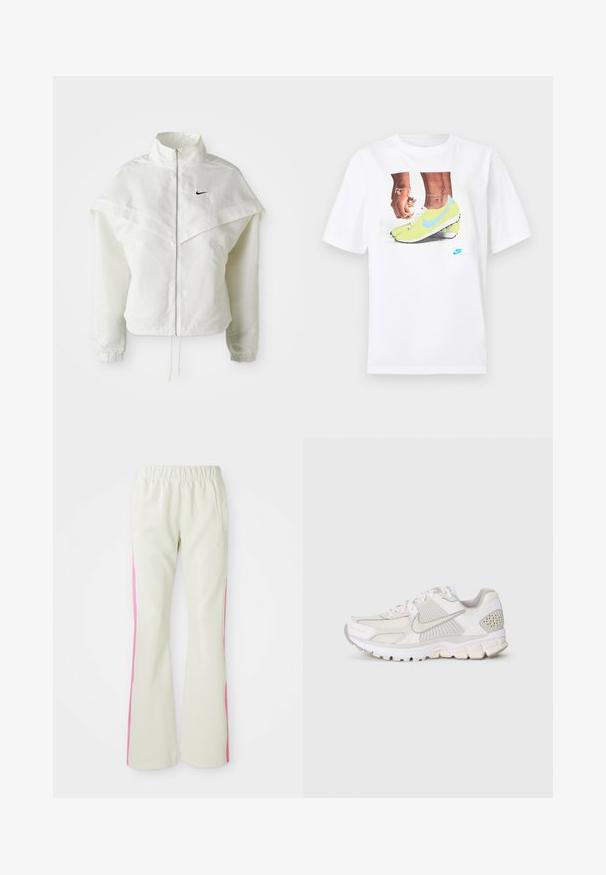 Hvit langermet jakke med glidelås og høy krage, kappe-lignende detaljer over skuldrene, elastiske mansjetter, og liten svart Nike-logo på brystet.; Hvit bomull t-skjorte med et grafisk motiv av føtter i gule Nike fotballsko med blå detaljer, kombinert med et armbånd på venstre håndledd.; Lys beige bukser med elastisk linning, med rosa sidepaneler og sidelommer. Glatt tekstur med rett ben-design.; Hvit atletisk sko laget av mesh og syntetiske materialer. Har et teksturert design, polstret krage og geometriske detaljer på hælen.