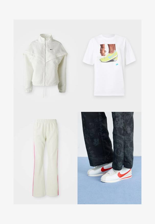 White long-sleeve zip-up jacket with high collar, cape-like detail across shoulders, elastic cuffs, and small black Nike logo on chest.; White cotton t-shirt featuring a graphic of feet in yellow Nike cleats with blue accents, paired with a bracelet on the left wrist.; Light beige pants with an elastic waistband, featuring pink side panels and side pockets. Smooth texture with a straight-leg design.; White Nike sneakers with red accents, paired with black pants featuring a floral pattern. Texture is smooth with a flat braid sole.