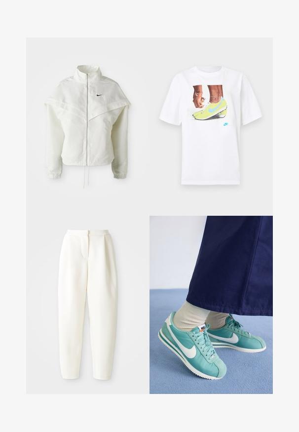 Valge pikkade varrukatega tõmblukuga jakk kõrge kraega, kätetooted, mis meenutavad katet õlgadel, elastsete mansettidega ja väikese musta Nike logoga rinnal.; Valge puuvillane T-särk, millel on kollaste Nike jalatsite ja siniste aktsentidega jalgade graafika, kombineeritud vasakul randmel oleva käevõruga.; Kõrge vöökoht ja kitsenevad valged püksid peidetud esiklõike ja küljetaskutega, esitlemine lihtsa valge tausta ees.; Türkiissinised Nike jooksujalatsid valgete aktsentidega, valmistatud siledast kangast ja nahast, retro disainiga ja tekstuurse tallaga.