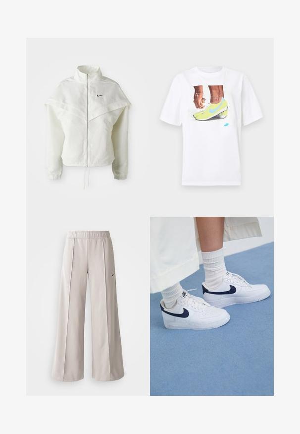 Hvit langermet jakke med glidelås og høy krage, kappe-lignende detaljer over skuldrene, elastiske mansjetter, og liten svart Nike-logo på brystet.; Hvit bomull t-skjorte med et grafisk motiv av føtter i gule Nike fotballsko med blå detaljer, kombinert med et armbånd på venstre håndledd.; Lys grå vide bukser lavet af glat stof. Har en elastisk talje og sort Nike-logo på venstre side.; Hvite Nike Air Force 1-sneakers med marineblå detaljer, perforert tå, flate lisser og gummisåle, kombinert med ribbede hvite sokker.
