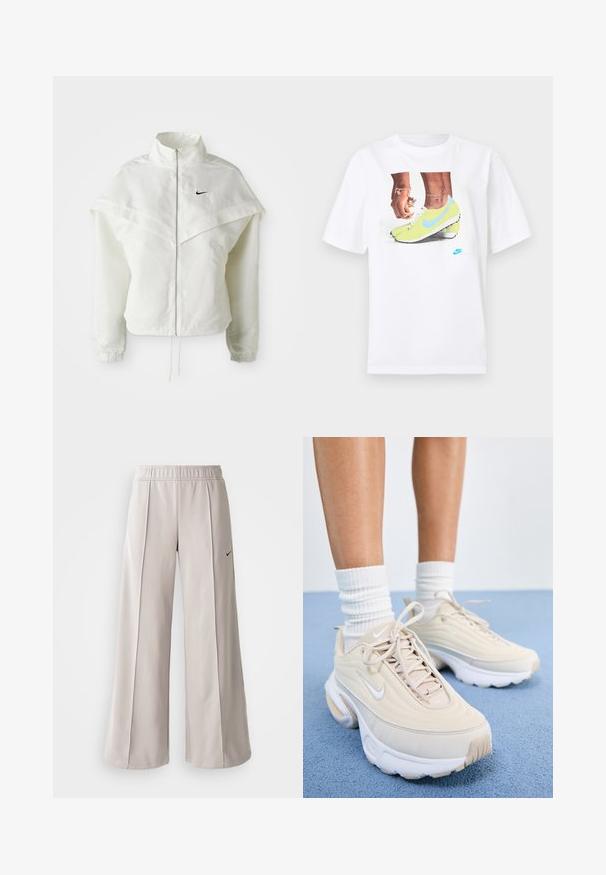 Valge pikkade varrukatega tõmblukuga jakk kõrge kraega, kätetooted, mis meenutavad katet õlgadel, elastsete mansettidega ja väikese musta Nike logoga rinnal.; Valge puuvillane T-särk, millel on kollaste Nike jalatsite ja siniste aktsentidega jalgade graafika, kombineeritud vasakul randmel oleva käevõruga.; Heledad hallide püksid, mis on valmistatud siledast kangast. Omab elastset vöökohta ja musta Nike logo vasakul küljel.; Beezid spordialused tekstuurse ülemise osaga, valged nöörid ja paks valge tallaga. Disainil on peened kõverad ja väike logo.