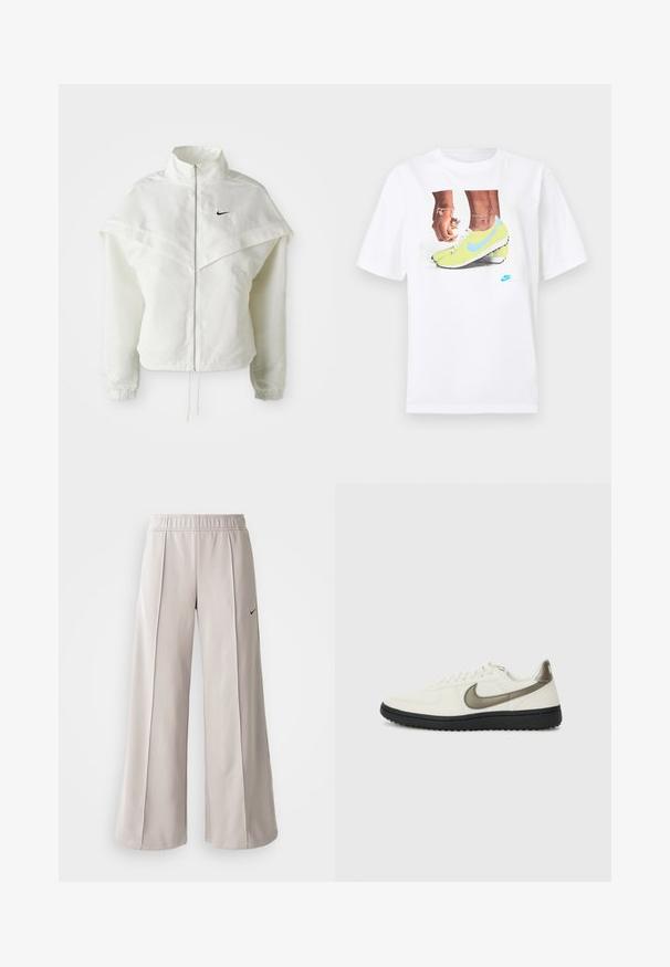 Jaqueta branca de mangas longas com fecho éclair e gola alta, detalhe tipo capa nos ombros, punhos elásticos e pequeno logótipo preto da Nike no peito.; T-shirt branco de algodão com uma gráfica de pés em chuteiras Nike amarelas com detalhes azuis, combinado com uma pulseira no pulso esquerdo.; Calças largas de tom cinza claro feitas de tecido suave. Apresentam uma cintura elástica e o logo da Nike em preto no lado esquerdo.; Nike Sportswear FIELD GENERAL - Sapatilhas - off-white/black