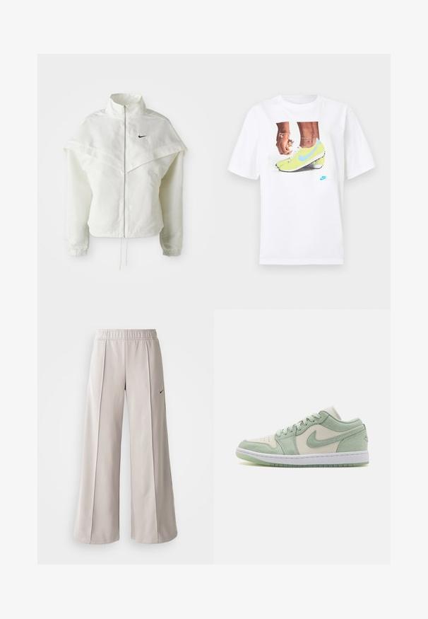 Giacca bianca a maniche lunghe con zip e colletto alto, dettaglio a mantella sulle spalle, polsini elasticizzati e piccolo logo Nike nero sul petto.; T-shirt bianco in cotone con una grafica di piedi che indossano scarpette Nike gialle con dettagli blu, abbinato a un braccialetto al polso sinistro.; Pantaloni ampi grigio chiaro realizzati in tessuto liscio. Presentano una vita elastica e il logo Nike nero sul lato sinistro.; Nike Air Jordan 1 Low; presenta pelle verde chiaro e crema, dettagli in suede, punta perforata, suola intermedia bianca e suola traslucida verde.