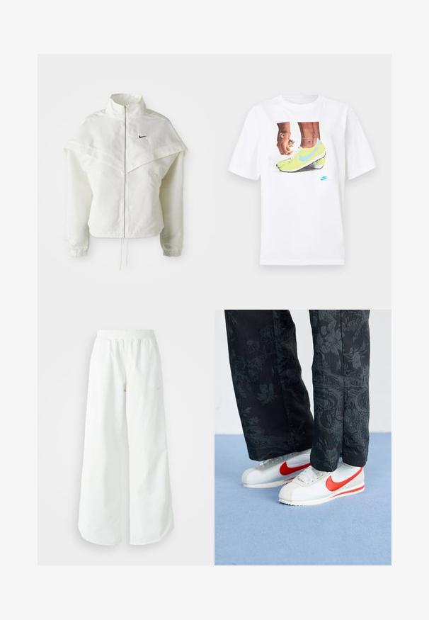 Balta garās piedurknes ar rāvējslēdzēju jaka ar augstu apkakli, apmetņa līdzīga detaļa uz pleciem, elastīgas aproces un mazs melns Nike logotips uz krūtīm.; Balts kokvilnas T-krekls ar grafiku, kurā attēloti zili akcentēti dzelteni Nike zābaki un kreisajā rokā valkāta rokassprādze.; Baltas, platais sporta bikses ar ribotu jostasvītru un smalku logotipa detaļu. Gluda auduma ar brīvu piegriezumu un sašaurinātu apakšdaļu.; Baltas Nike sporta apavi ar sarkanām akcentiem, savienoti ar melniem biksēm, kurām ir ziedu raksts. Virsma ir gluda ar plakanu pinumu zoli.