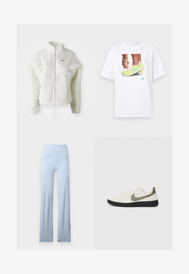 White long-sleeve zip-up jacket with high collar, cape-like detail across shoulders, elastic cuffs, and small black Nike logo on chest.; White cotton t-shirt featuring a graphic of feet in yellow Nike cleats with blue accents, paired with a bracelet on the left wrist.; Light blue flared yoga pants with a wide waistband, smooth texture, and subtle brand logo near the hip. No patterns or hardware details.; Nike Sportswear FIELD GENERAL - Trainers - off-white/black