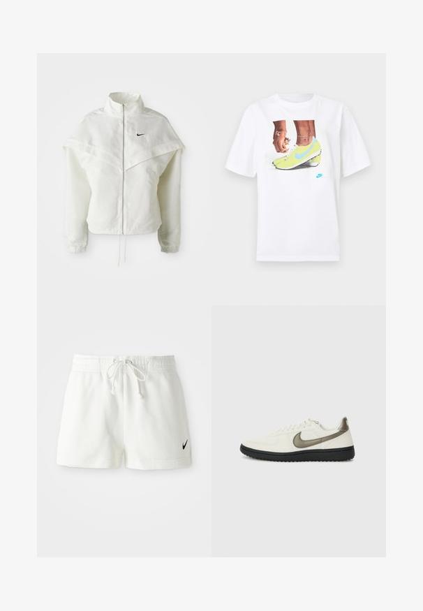 Bela jakna z dolgimi rokavi in zadrgo, visokim ovratnikom, plaščastim detajlom čez ramena, elastičnimi manšetami in majhnim črnim logotipom Nike na prsih.; Bela bombažna majica s potiskom nog v rumenih Nike kopačkah z modrimi dodatki, dopolnjena z zapestnico na levi roki.; Beli bombažni atletski kratki hlače z elastičnim pasom in vrvico, na levi nogi pa je majhen črn logotip Nike.; Nike Sportswear FIELD GENERAL - Športni copati - off-white/black